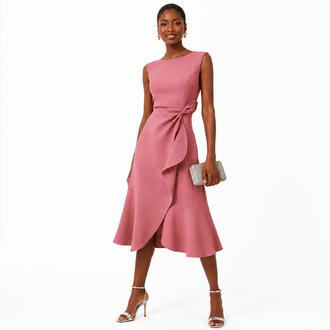 Sleeveless bow-knot midi dress in dusty pink with sculpted waist detail, flared hem and full-length model on a white background.