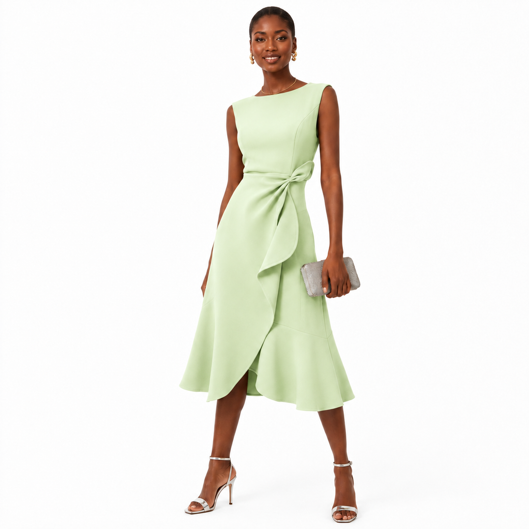 Sleeveless bow-knot midi dress in light green with sculpted waist detail, flared hem and full-length model on a white background.
