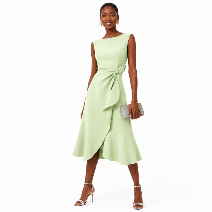 Sleeveless bow-knot midi dress in light green with sculpted waist detail, flared hem and full-length model on a white background.