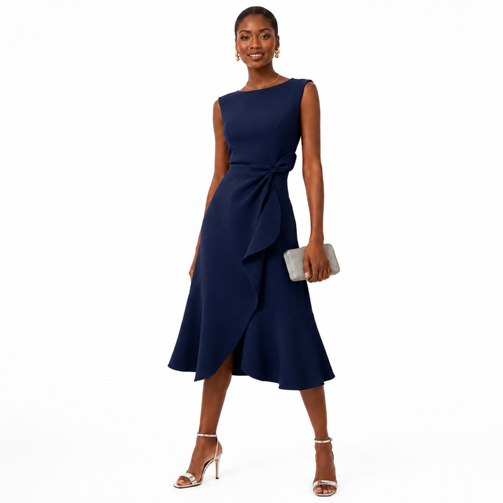 Sleeveless bow-knot midi dress in navy blue with sculpted waist detail, flared hem and full-length model on a white background.