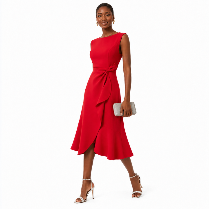 Red sleeveless bow-knot midi dress shown at a three-quarter angle with sculpted waist detail and flared hem on white background.