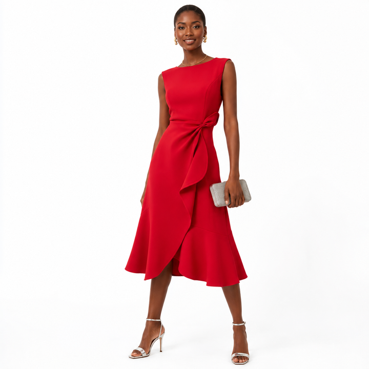Sleeveless bow-knot midi dress in red with sculpted waist detail, flared hem and full-length studio model on a white background.