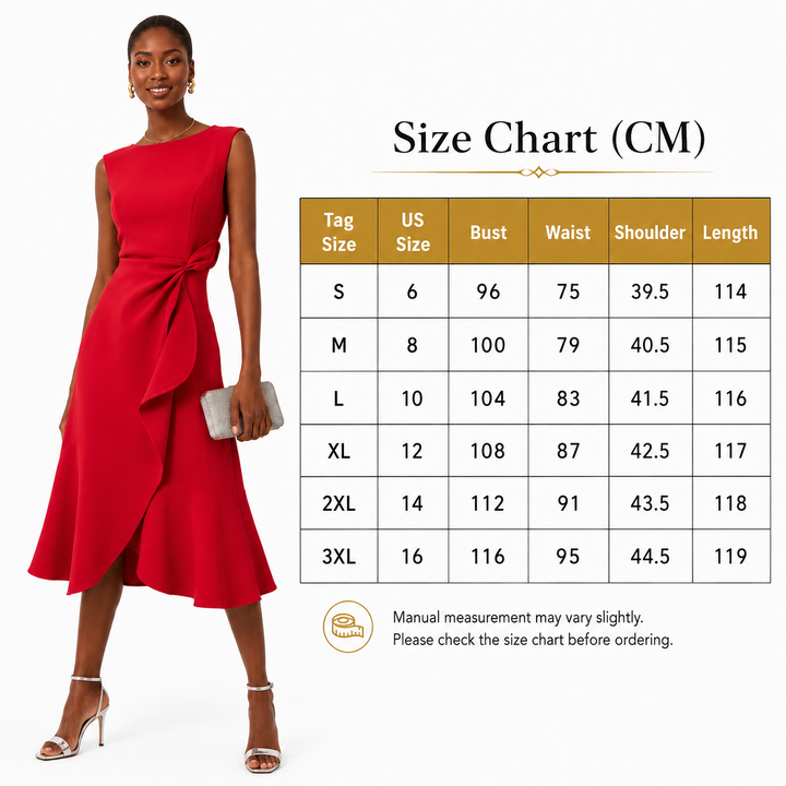Sleeveless bow-knot dress size chart in centimeters with red model and measurements for S through 3XL on white background.