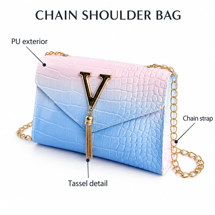 Chain shoulder bag feature guide with PU exterior, chain strap and tassel detail