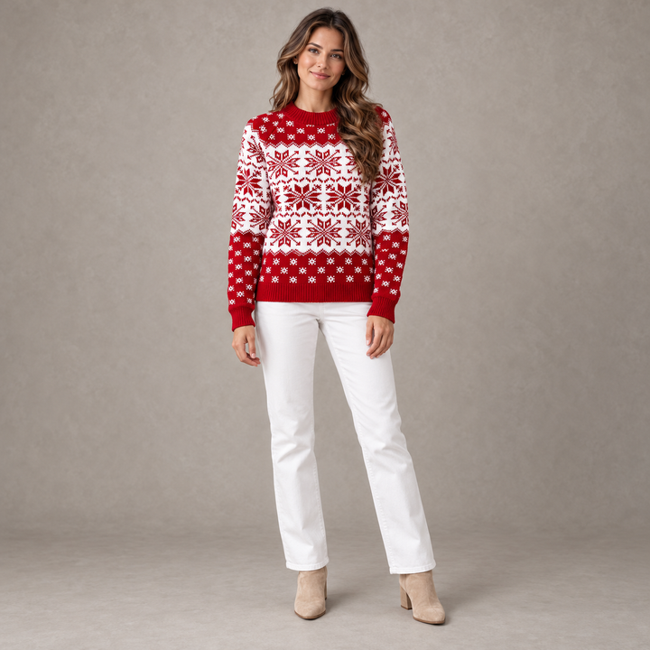 Full-body model in a red-neck red and white snowflake sweater in a warm gray studio