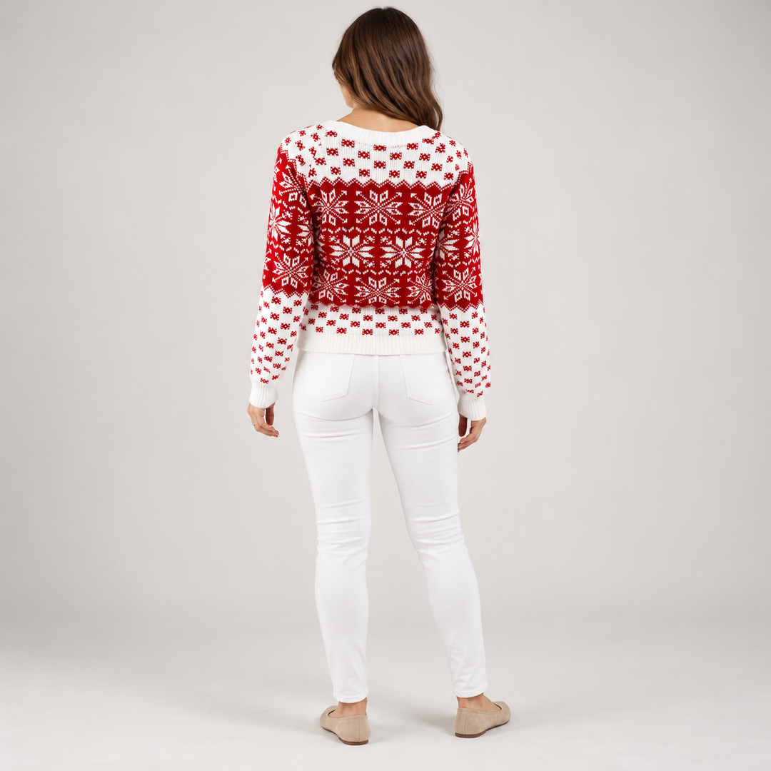 Full-body rear view of the red and white snowflake sweater with white crew neck