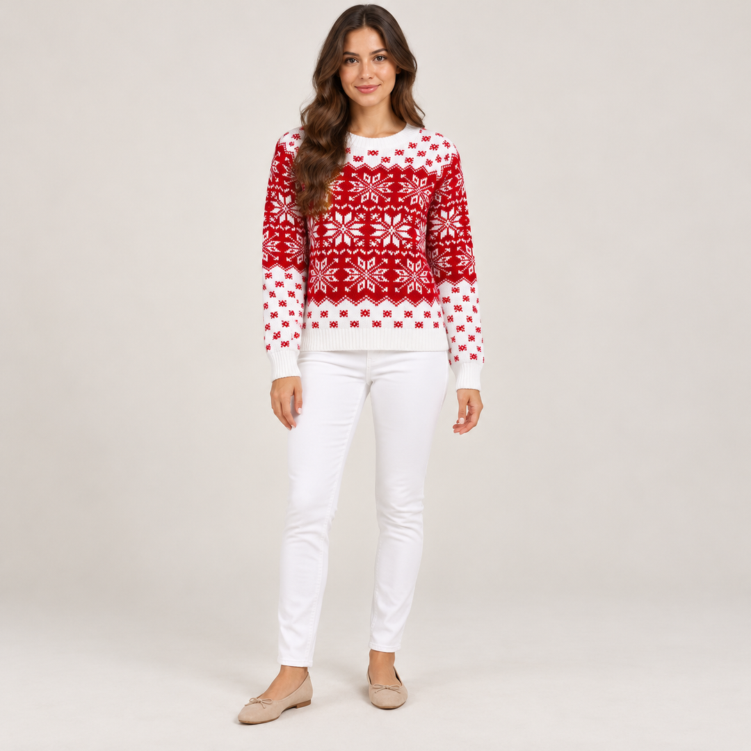 Full-body front view of the red snowflake sweater with white neck, cuffs and hem