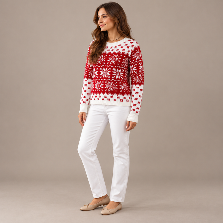 Full-body three-quarter view of the red snowflake sweater with white trim