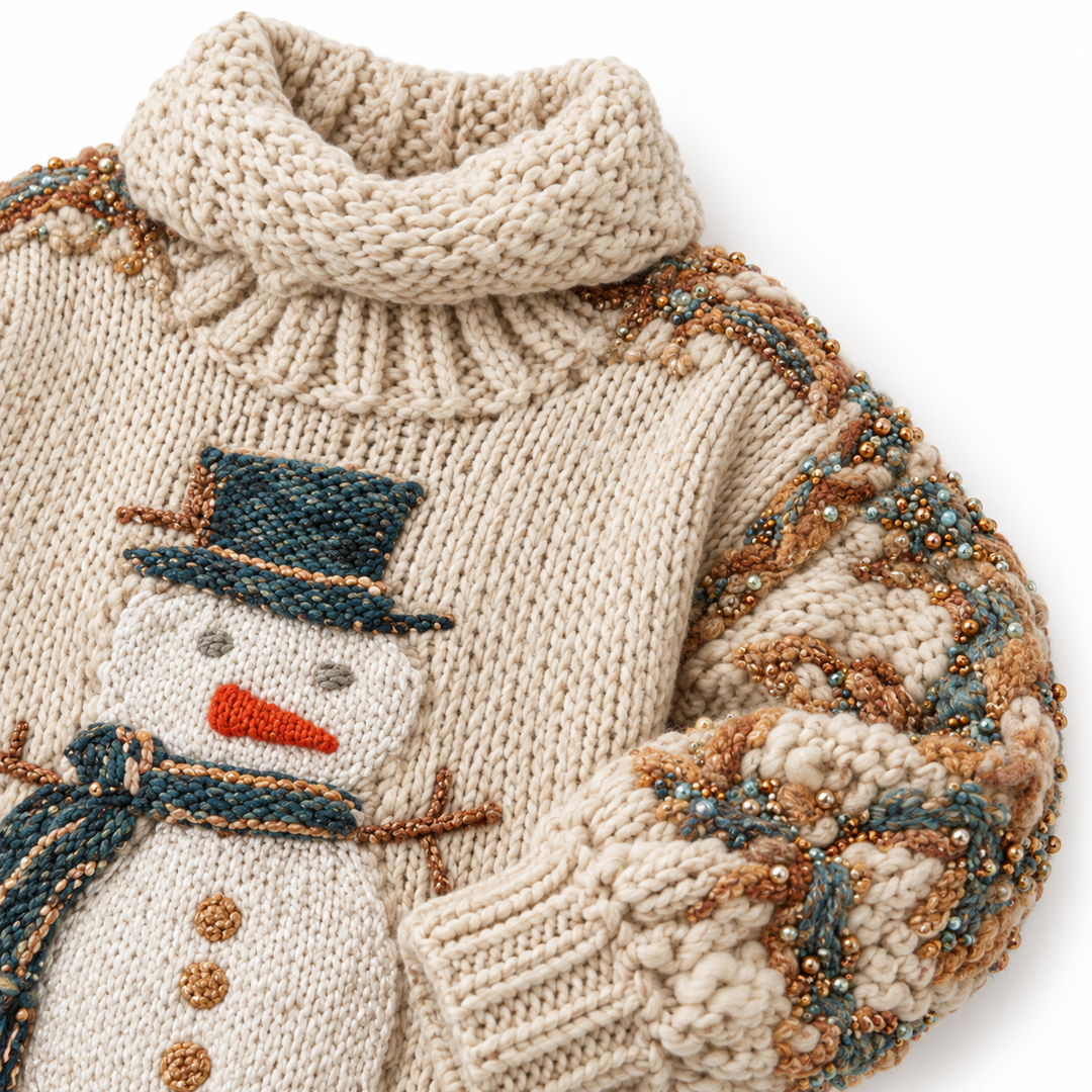 Close-up of thick knit collar, ribbed cuff and embellished sleeve details
