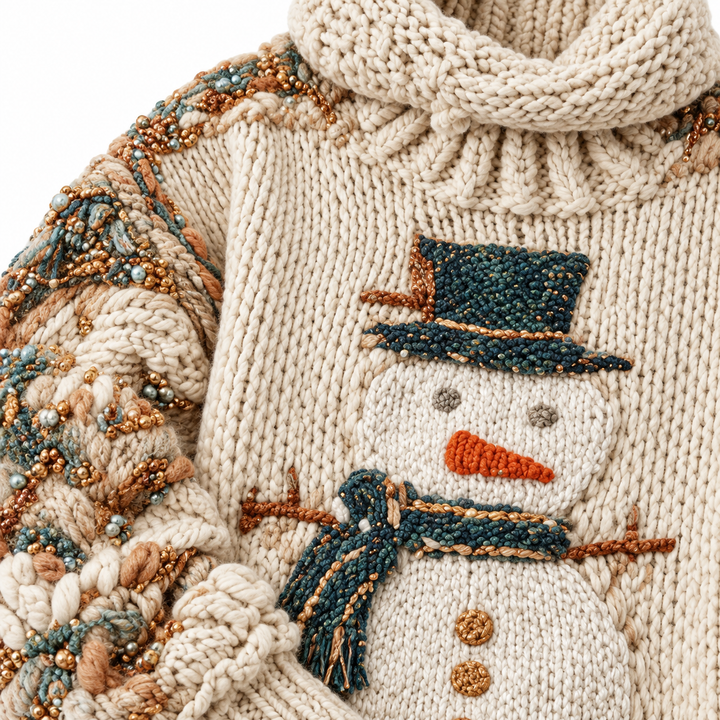 Close-up of snowman knit motif, chunky stitching and textured sleeve details