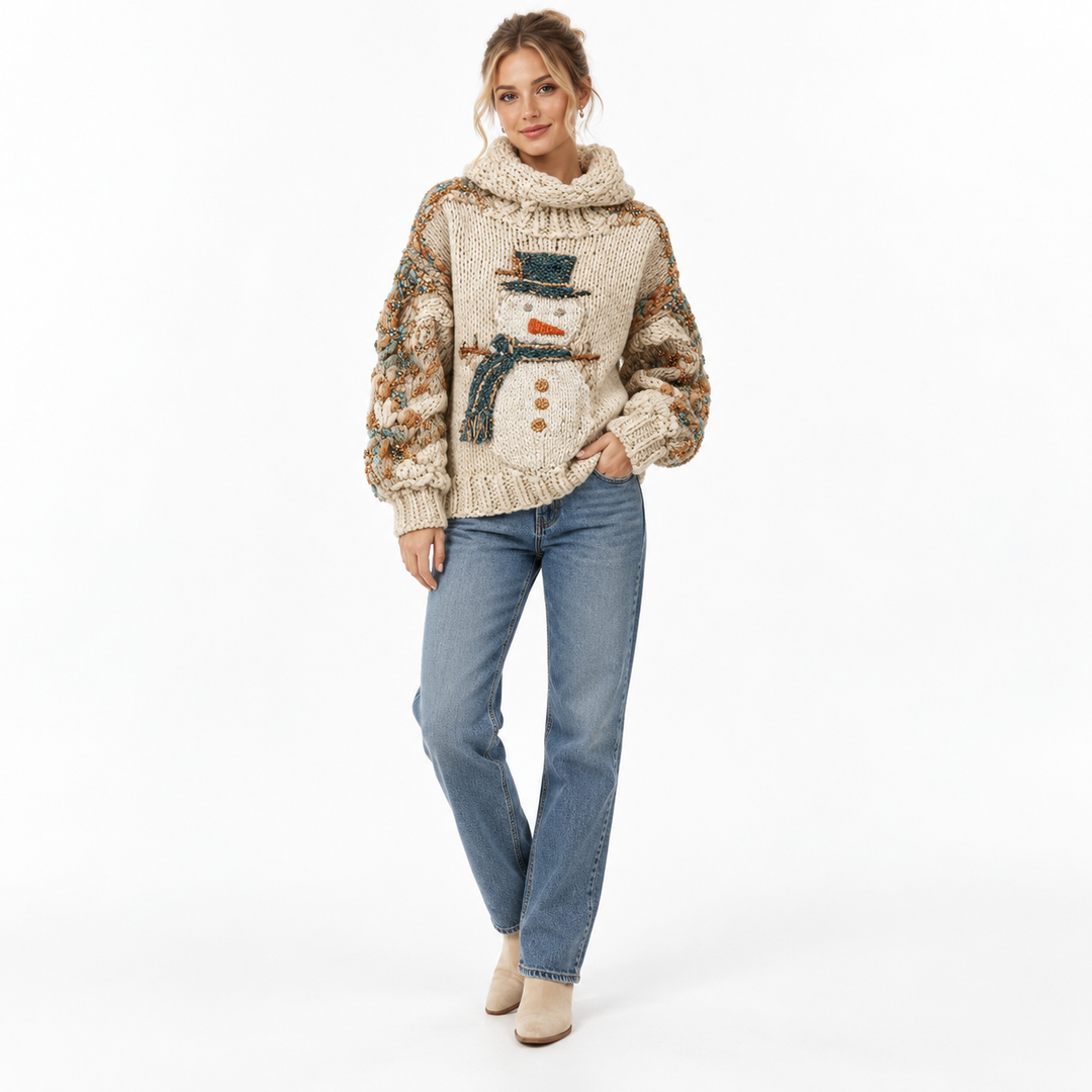 Women's snowman knit sweater main full-body styling view on white background