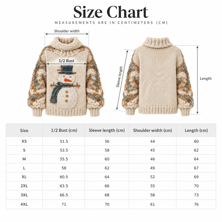 Snowman knit sweater size chart with verified XS to 4XL measurements in centimeters