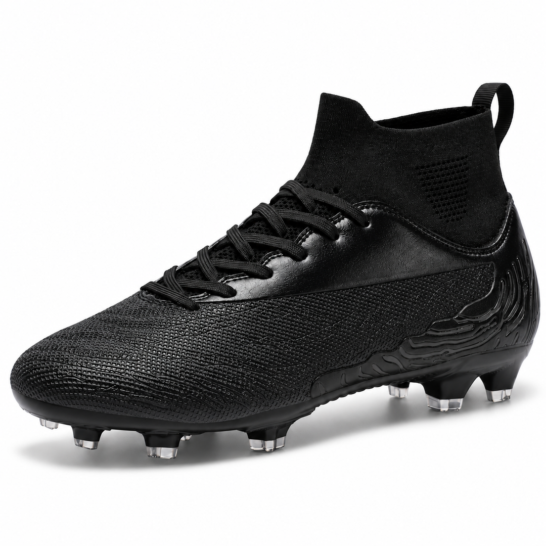 All-black soccer cleat in a three-quarter studio view with textured forefoot, lace closure, ankle collar and molded studs.