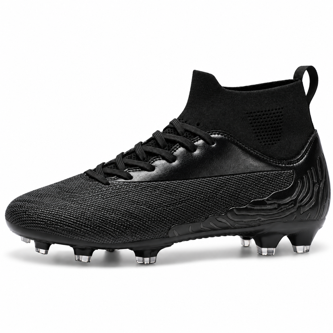 All-black soccer cleat in side profile on a white background, showing the textured upper, ankle collar and molded outdoor studs.
