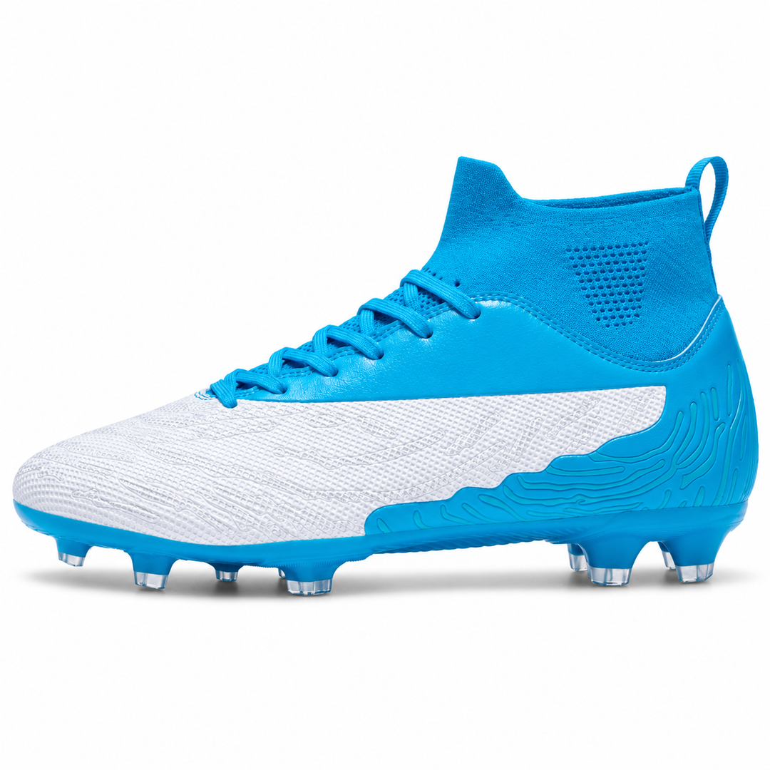 White and blue soccer cleat in side profile on a clean white background, with blue laces, ankle collar and molded studs.