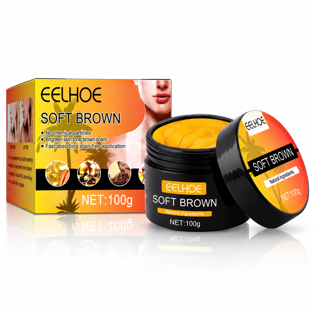Soft Brown tanning cream 100g jar and matching orange packaging for the larger size option