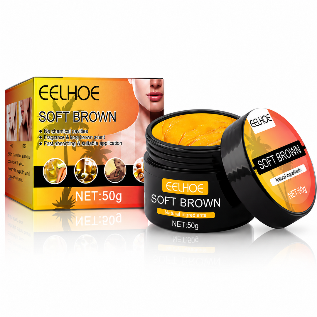 Soft Brown tanning cream 50g jar with orange box and open product on a clean white background