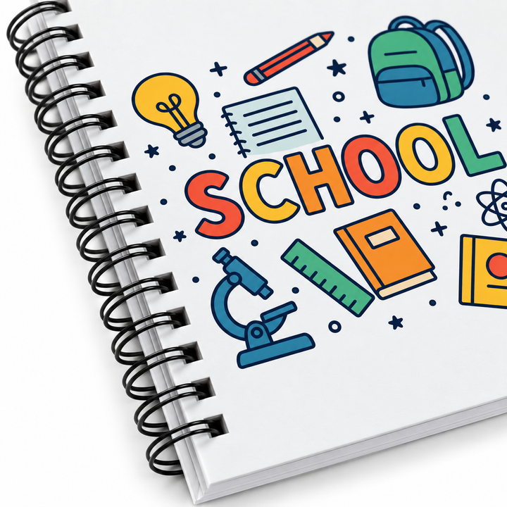 Close-up of the spiral journal binding and colorful SCHOOL cover print, highlighting product details on a white background.