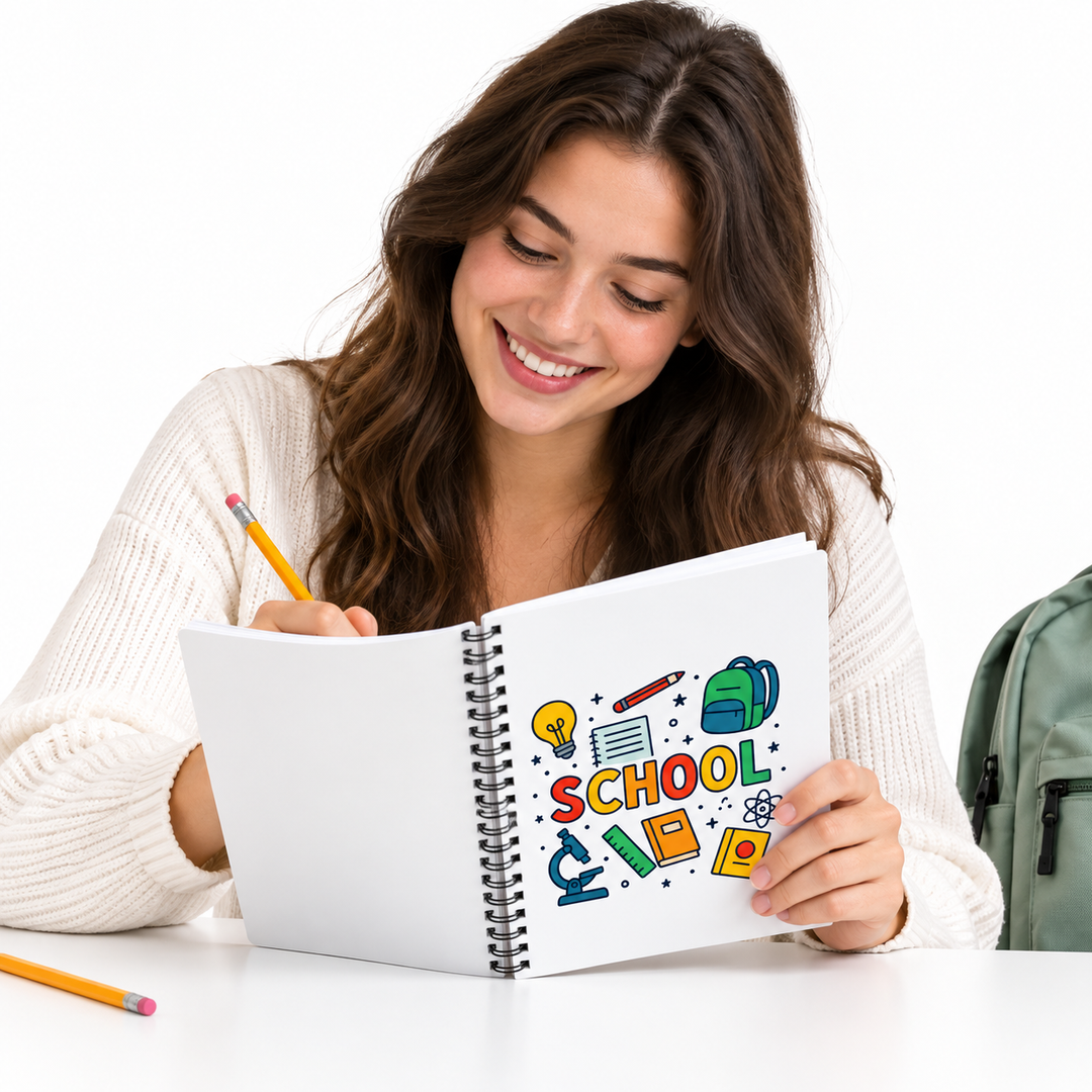 Student using the spiral journal at a clean desk with school accessories while the colorful SCHOOL cover remains visible.