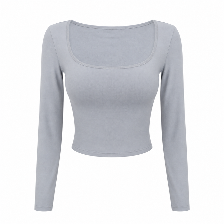 Light Gray square neck long sleeve top isolated on a white background.