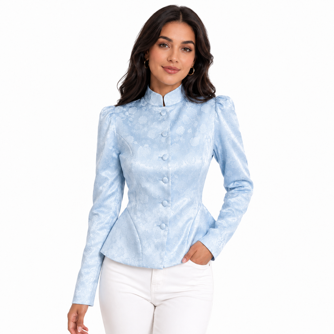 Light blue stand collar blazer for women with floral jacquard texture, covered buttons, long sleeves and tailored waist shape.