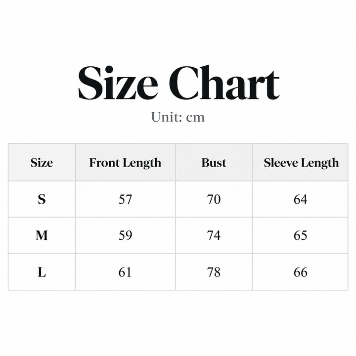 Size chart in centimeters showing S M L front length bust and sleeve measurements