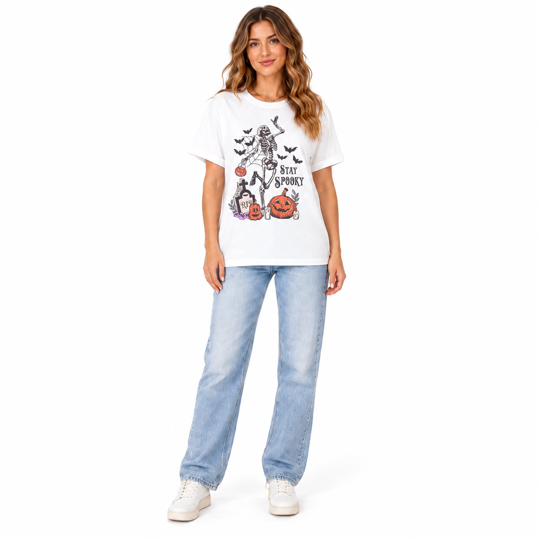 Halloween t shirt front view with Stay Spooky skeleton and pumpkin graphic