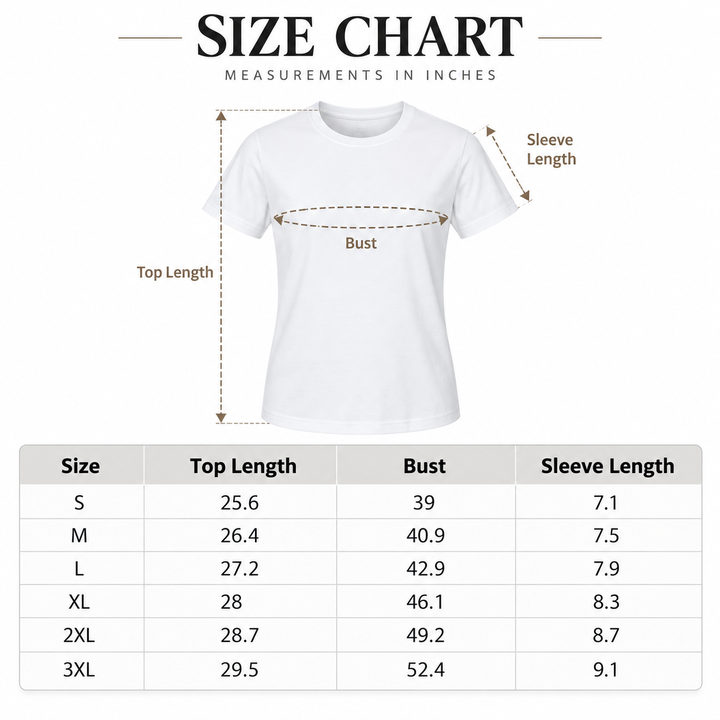 Stay Spooky T-shirt size chart with top length bust and sleeve measurements