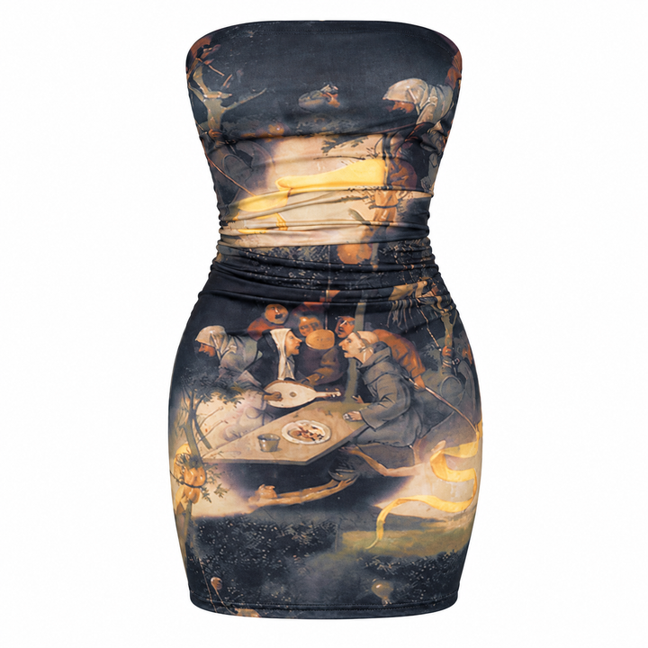 Front product view of the strapless bodycon dress showing the dark printed design and fitted shape.