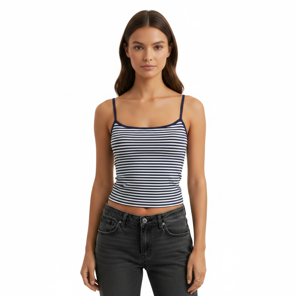 Woman wearing a striped tank top and black jeans on a white background