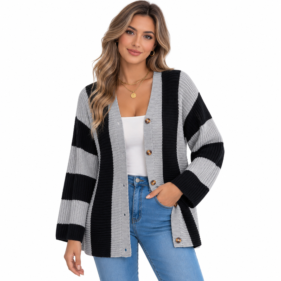 Striped cardigan for women in grey and black, front studio view with model on white background