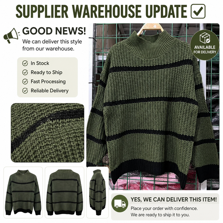 Supplier warehouse update graphic for the green striped mock-neck sweater, showing the item as available for delivery.