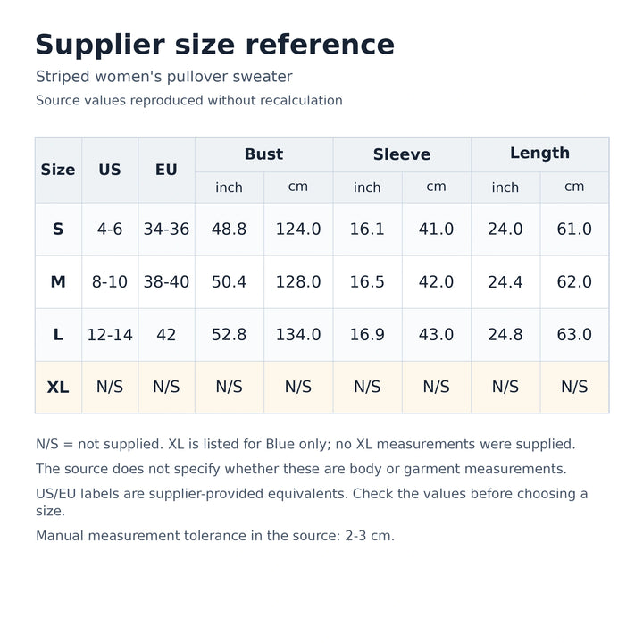 Supplier size reference for the women&