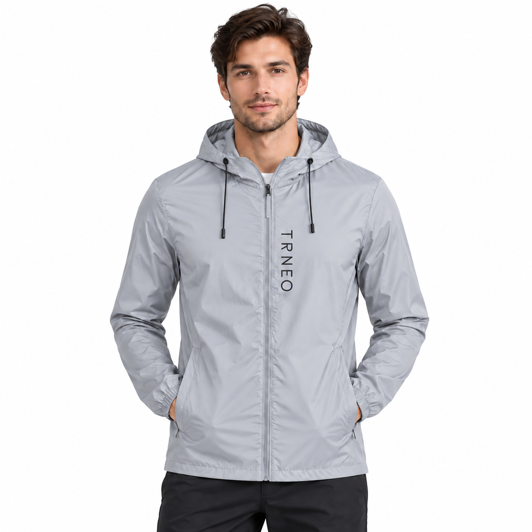 Sun protection clothing for men in Gray shown on a male model with hood, zipper and side pockets on a clean white background.