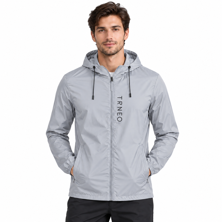 Sun protection clothing for men in Gray shown on a male model with hood, zipper and side pockets on a clean white background.