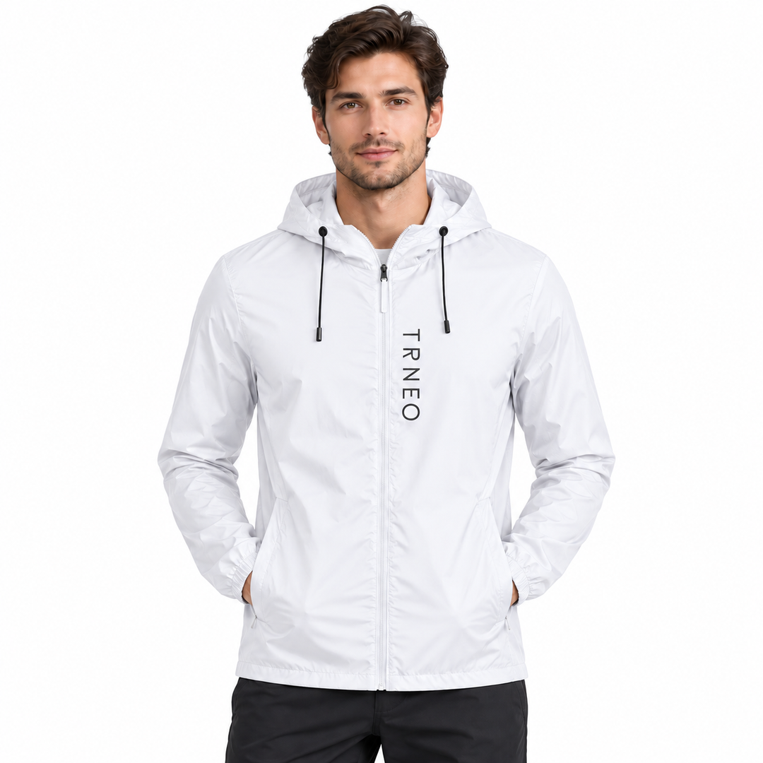 Sun protection clothing for men in White shown on a male model with hood, zipper and side pockets on a clean white background.