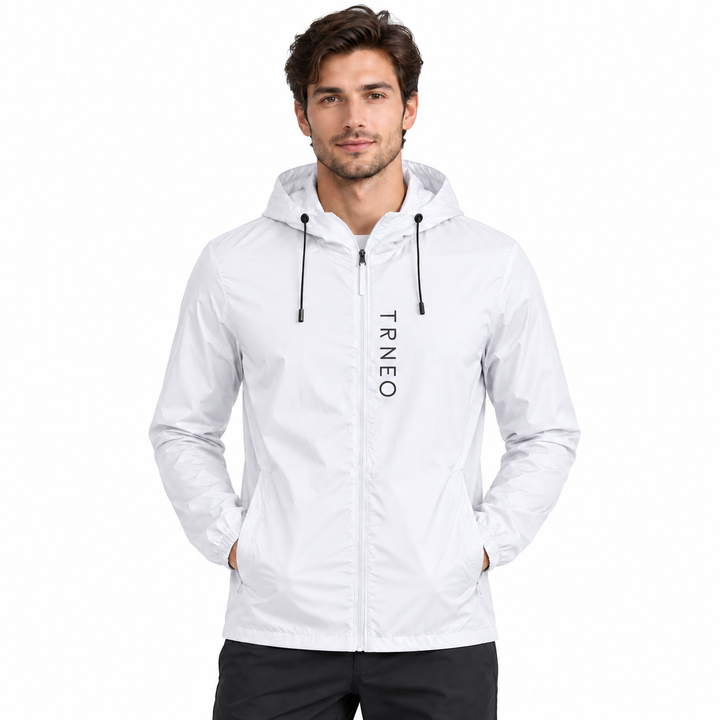 Sun protection clothing for men in White shown on a male model with hood, zipper and side pockets on a clean white background.
