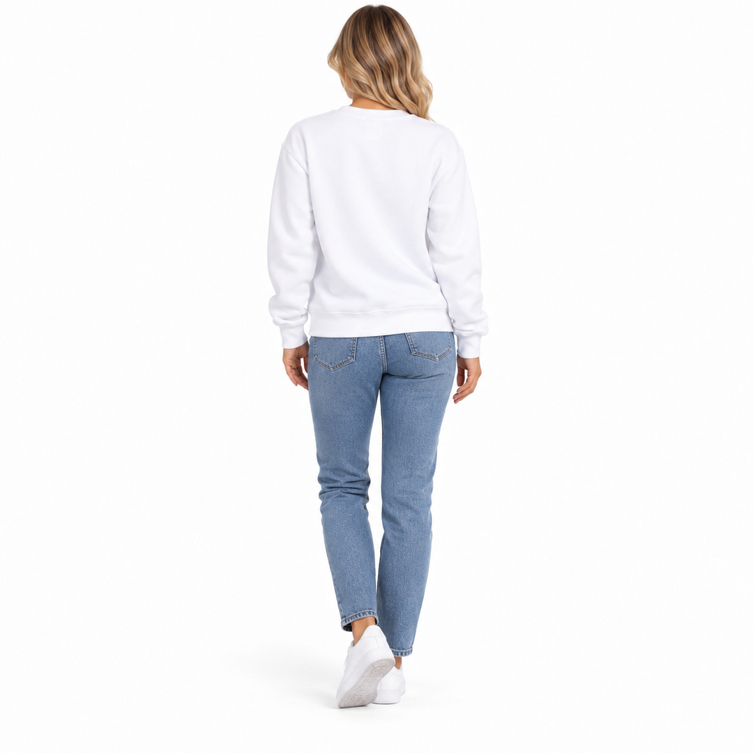 White sunflower skull sweatshirt shown from the back on female model
