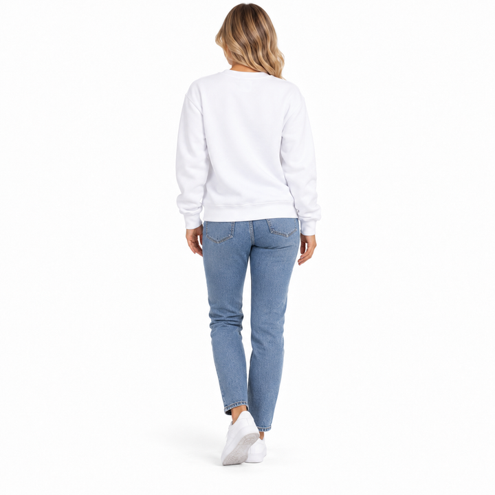 White sunflower skull sweatshirt shown from the back on female model