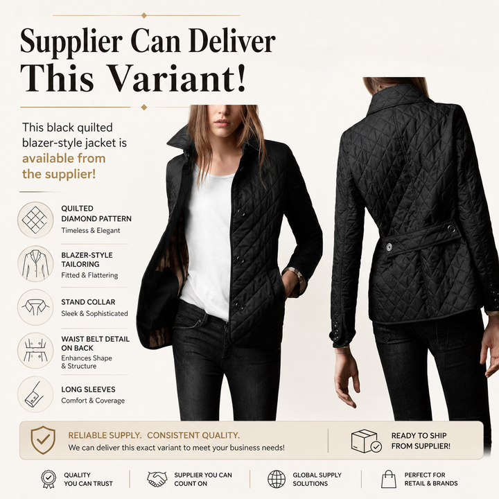 Black quilted blazer supplier variant shown front and back with professional English availability message for informed buyer.