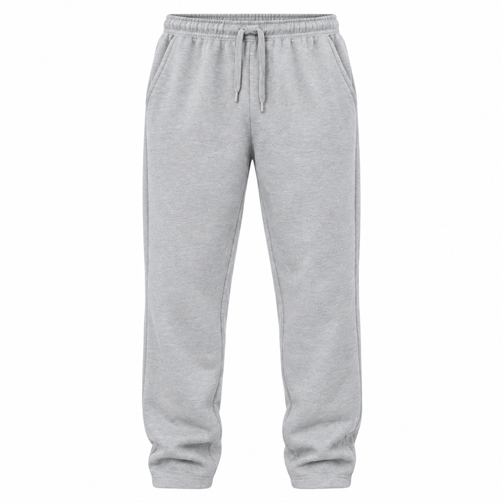 Light gray sweatpants product-only front view with drawstring waist and straight legs