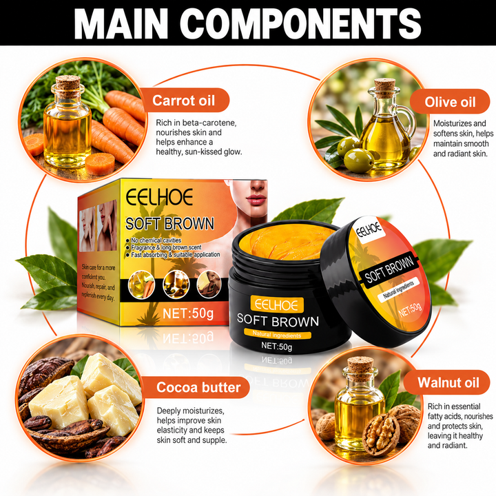 Main components infographic with carrot oil, olive oil, cocoa butter and walnut oil around the jar