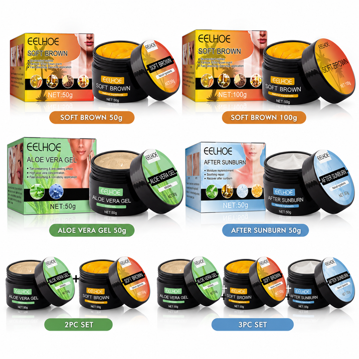 Tanning cream range with Soft Brown, Aloe Vera Gel, After Sunburn, 2PC and 3PC set options