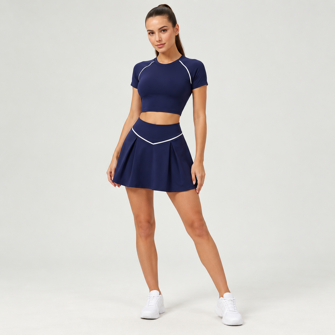 Dark blue high rise skirt with contrast V-waist trim on a full-body model