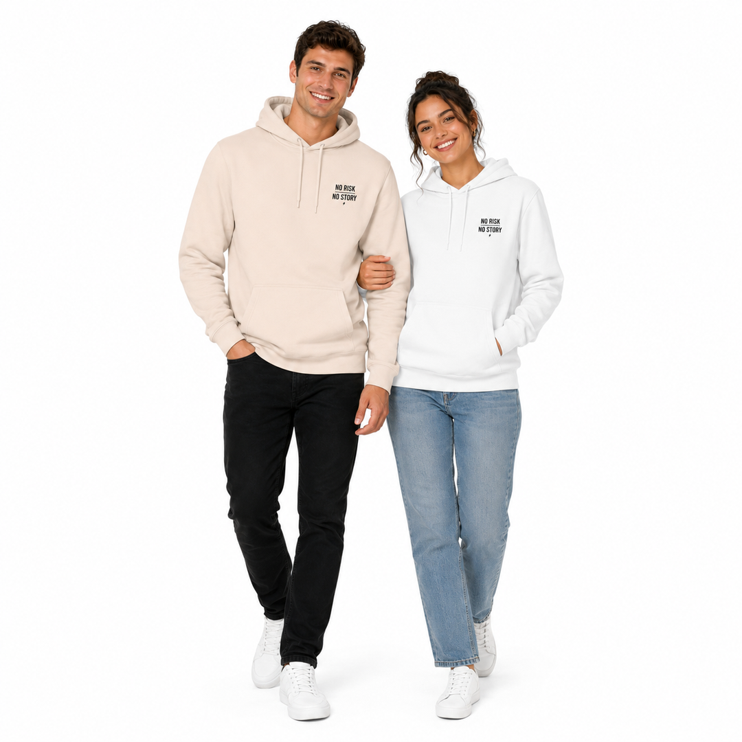 Man and woman wearing Pale Pink and White three-panel fleece hoodies together in a bright professional catalog image.