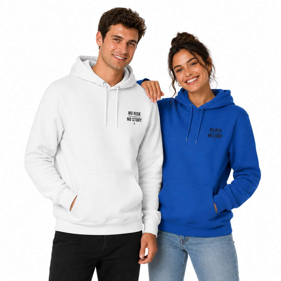 Man and woman modeling White and Royal Blue three-panel fleece hoodies together in a clean professional studio setting.