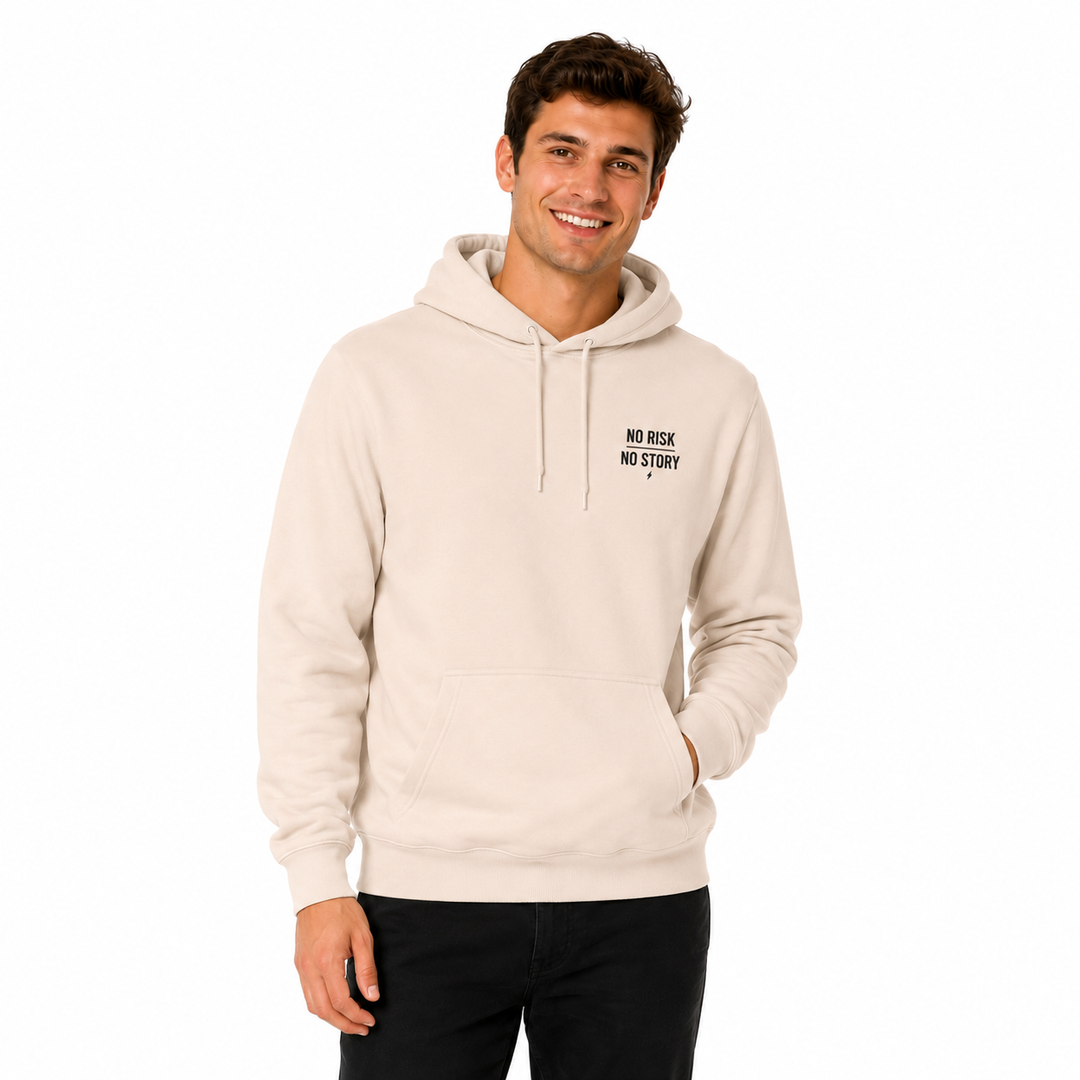 Man modeling the Pale Pink three-panel fleece hoodie with drawstring hood and kangaroo pocket on a clean white background.