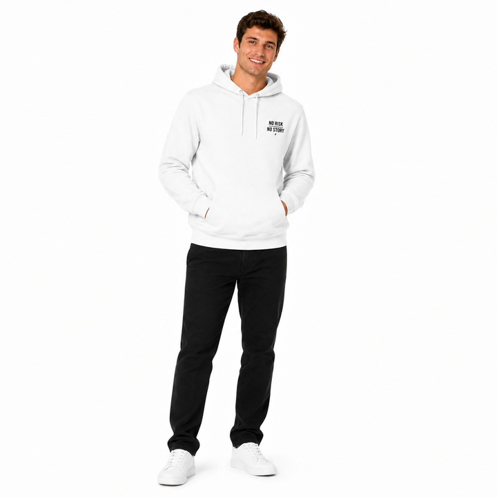 Man modeling the White three-panel fleece hoodie in a full-body studio image with the hood, pocket and chest graphic visible.
