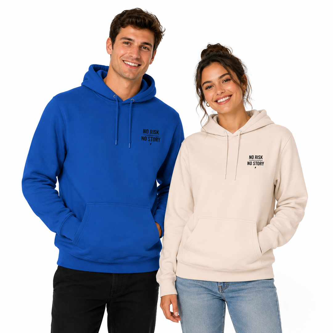 Unisex three-panel fleece hoodies modeled together in Royal Blue and Pale Pink on a clean white studio background.