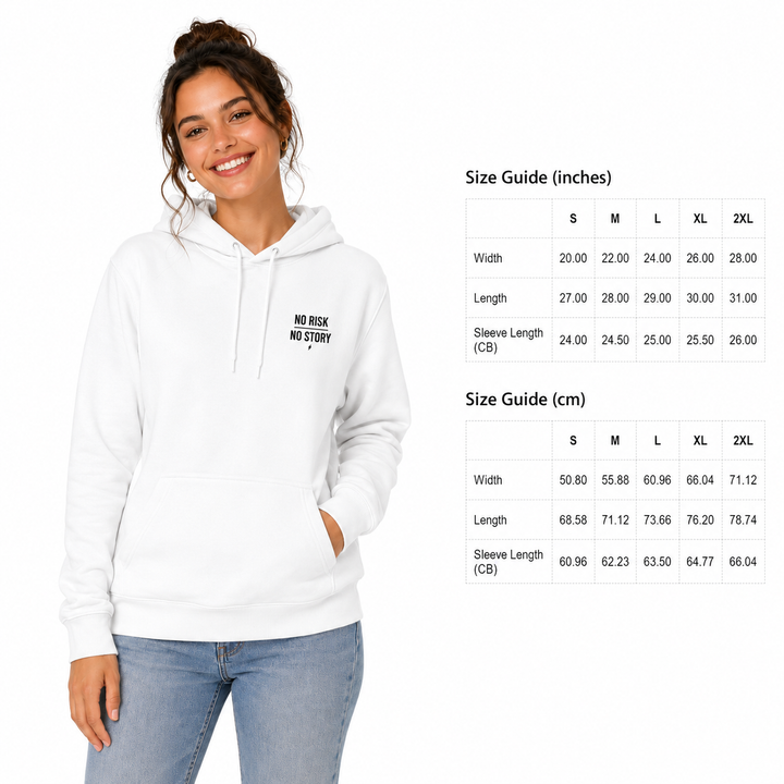 Woman wearing the White three-panel fleece hoodie beside the confirmed S-2XL size guide in inches and centimeters.